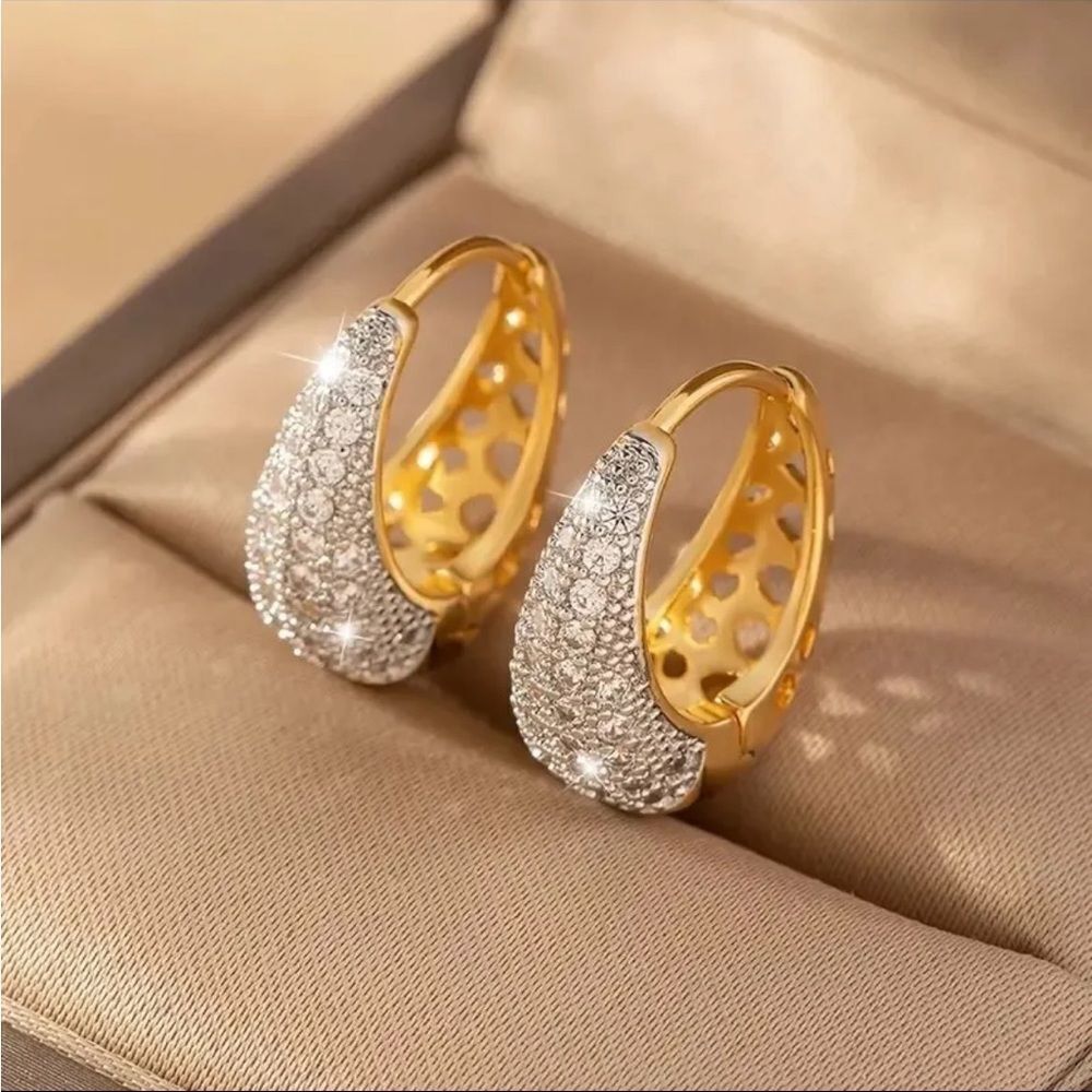 Luxury Gold Plated Diamond CZ Hoop Earrings New